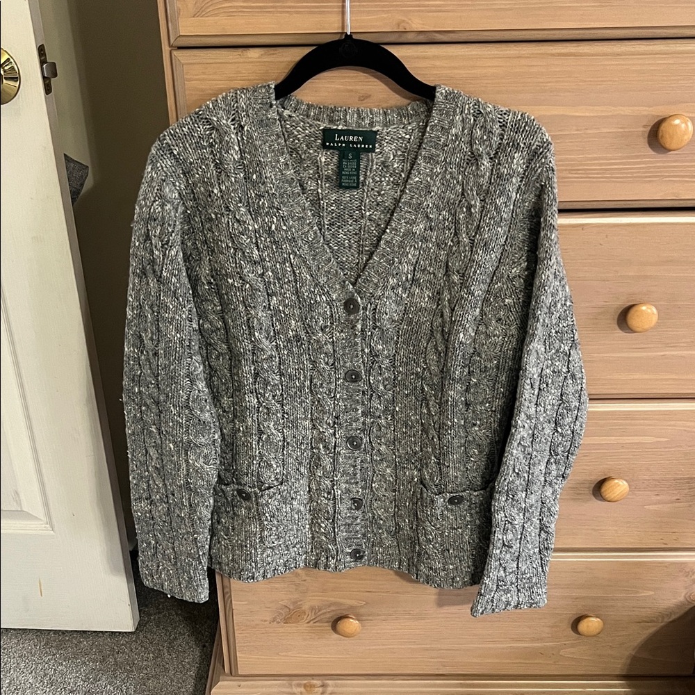 Vintage Lauren Ralph Lauren Wool Cable Knit Cardigan Gray Women’s Size Small